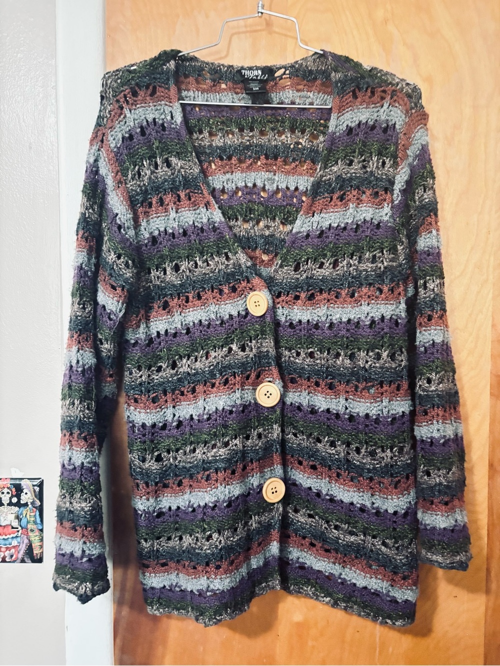 Thor Multicolor Striped Open-Knit Button Front Cardigan